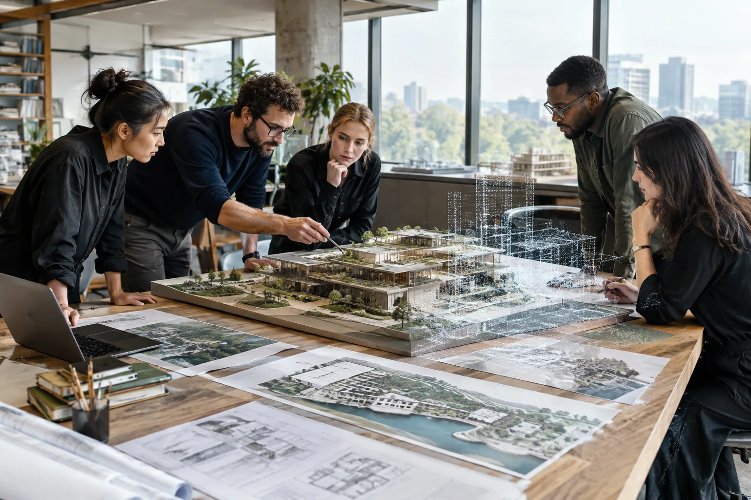 Une équipe d’architecture examine ensemble une maquette de bâtiment et des données de nuage de points