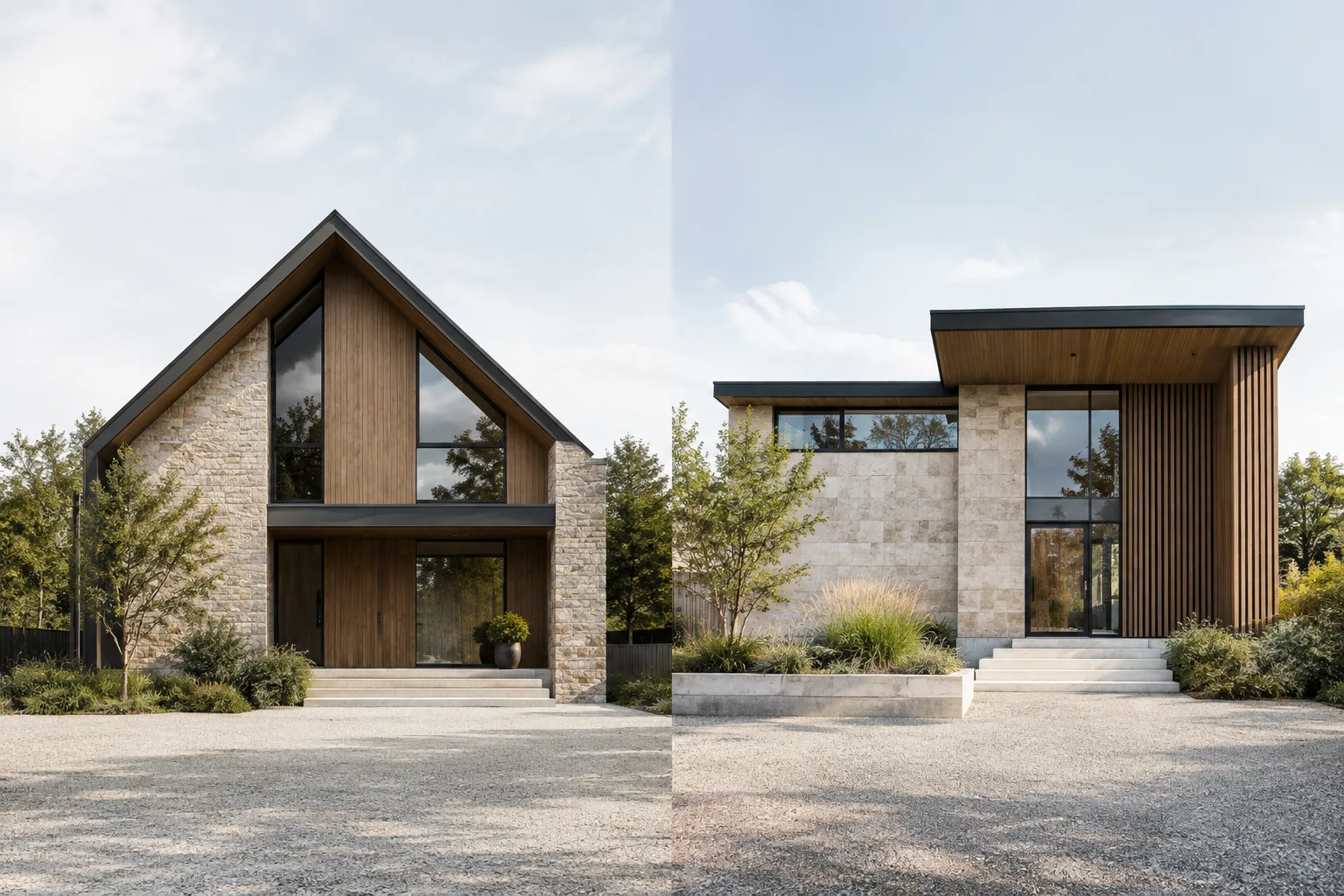 Visualisation architecturale présentant différentes configurations de toiture et d’entrée pour un même bâtiment contemporain