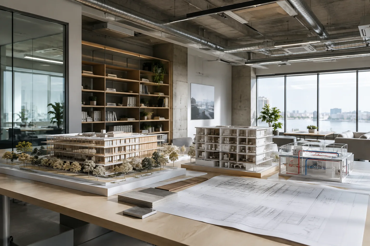 Daylit contemporary interior visualization evoking coordinated building models
