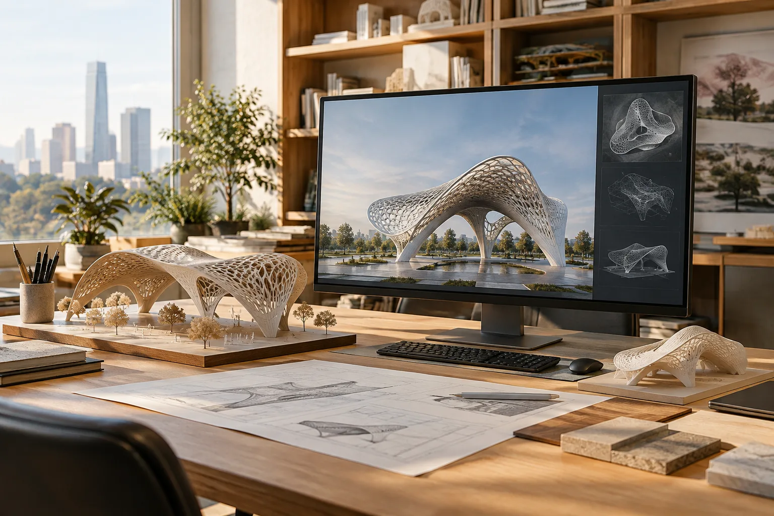 Vista fotorrealista de un escritorio de diseño arquitectónico con un modelo paramétrico de pabellón