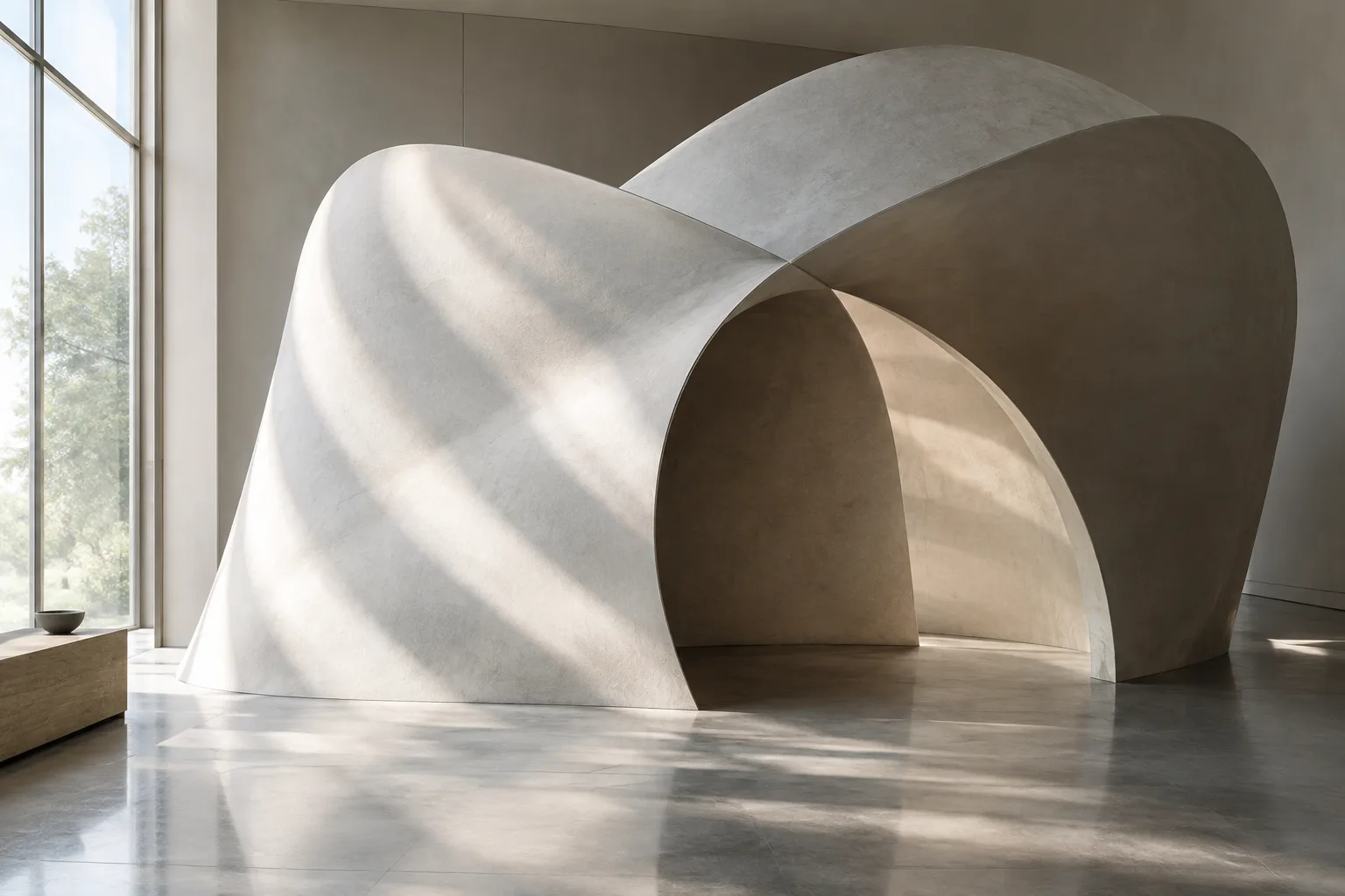 Light stripes showing transitions across curved architectural surfaces