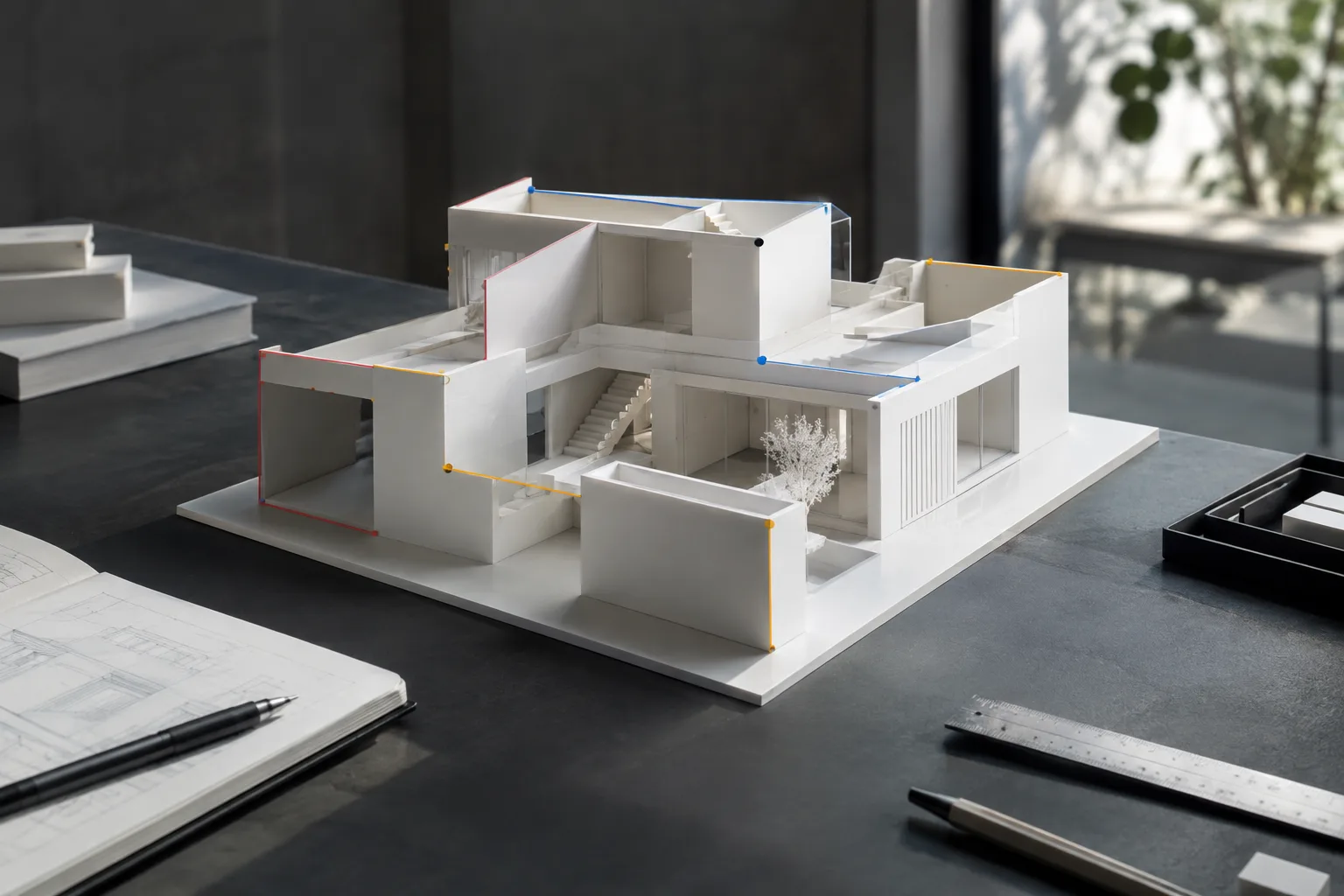 Colored edge lines and point markers on an architectural model on a studio desk