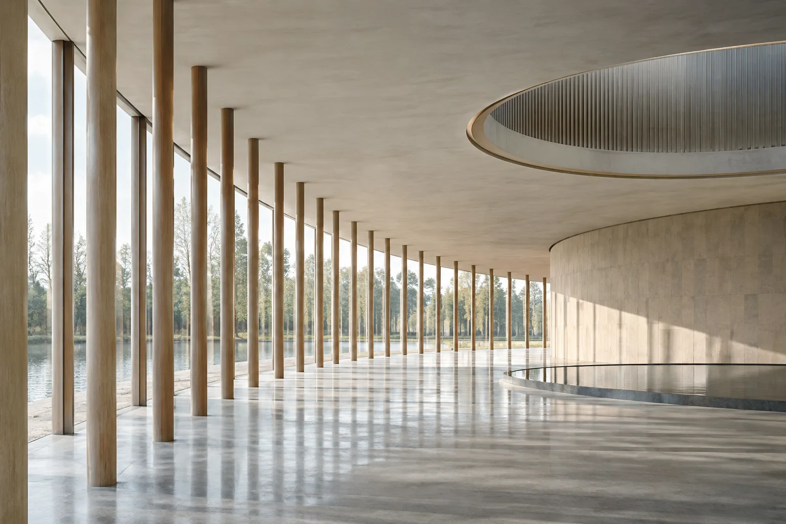 A modern interior visualization showing repeated elements arranged along a curved path