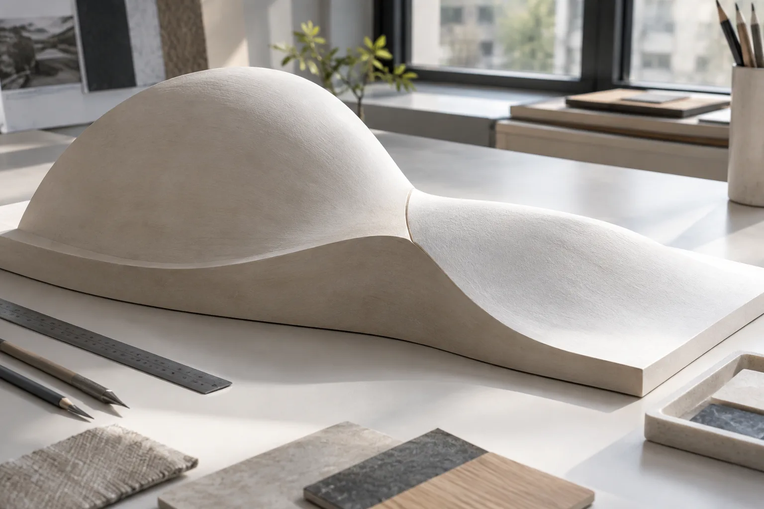 Modèle architectural incurvé sur une table de studio, avec une transition de surface maîtrisée
