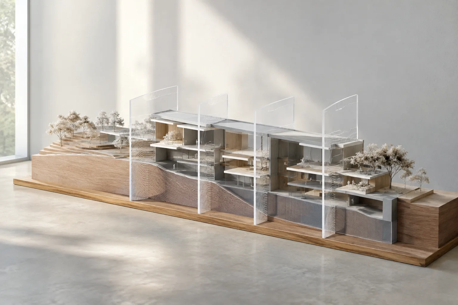 Evenly spaced planes cutting through an architectural massing model, with section lines visible