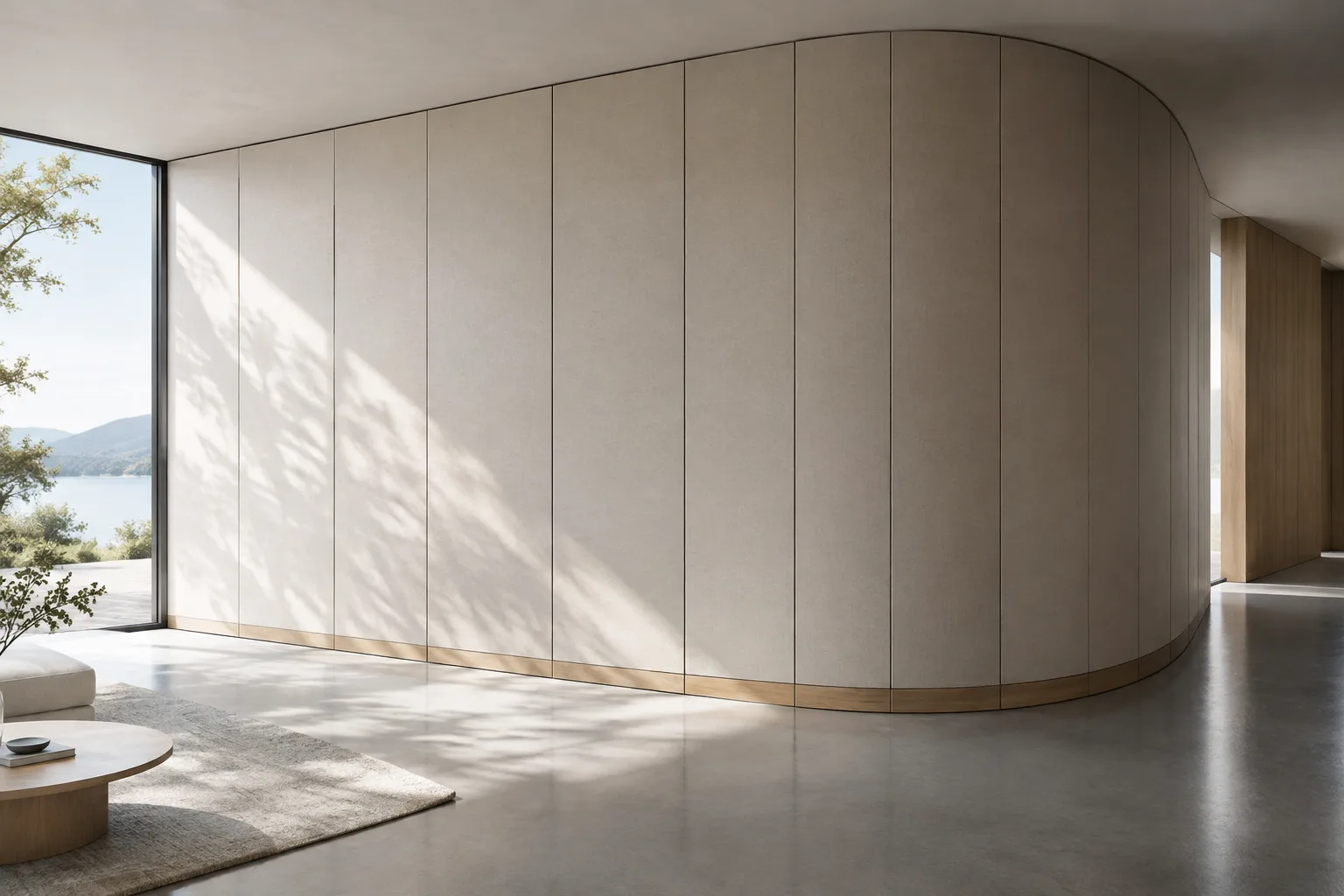 Visualisation architecturale montrant des modules droits transférés sur une surface intérieure courbe
