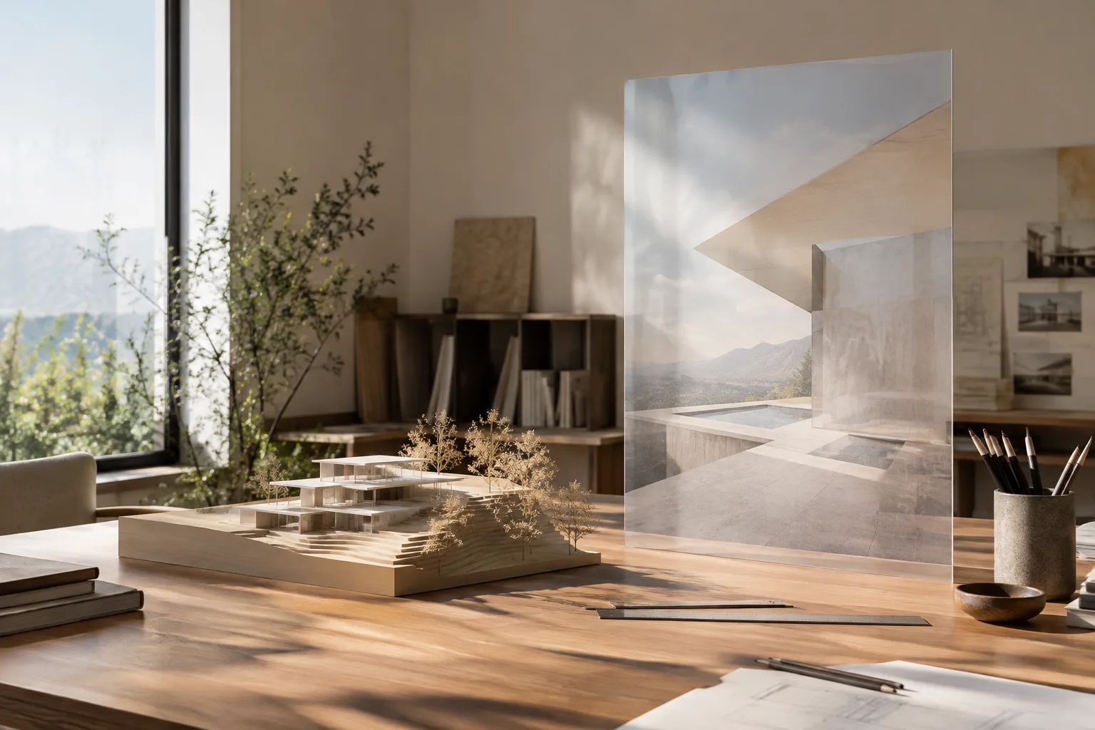 Maßstabsgetreues Modell und abstrakte Bildreferenz-Ebene auf einem Architekturarbeitsplatz