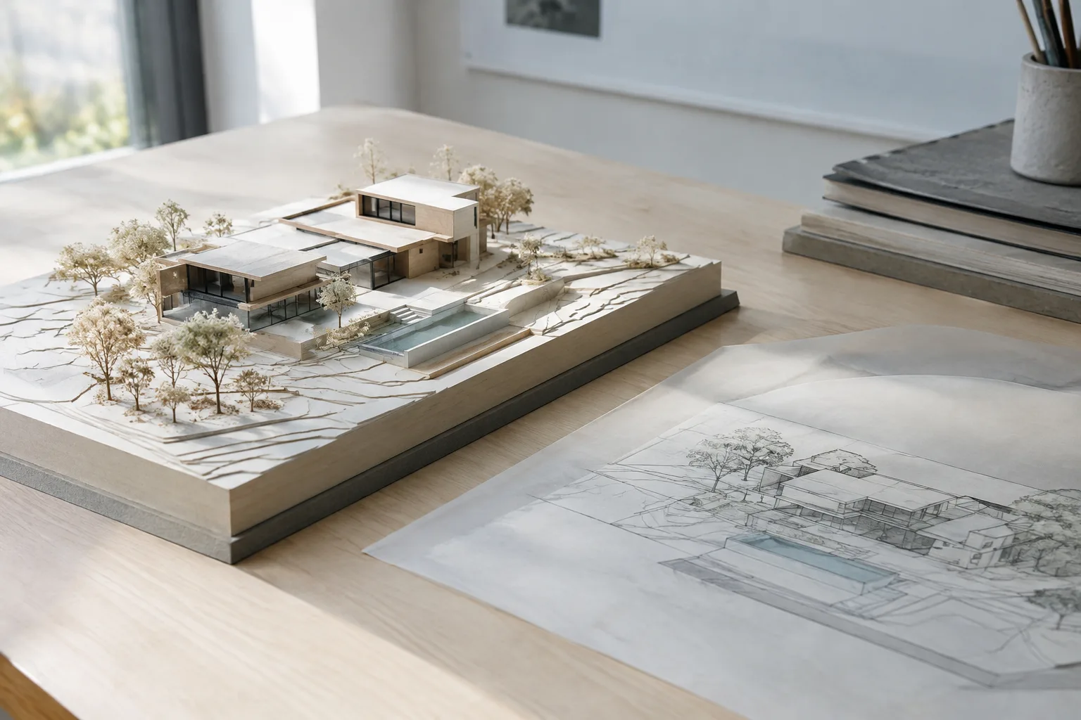 Modèle d’architecture contemporaine observé sous différents angles sur une table de studio