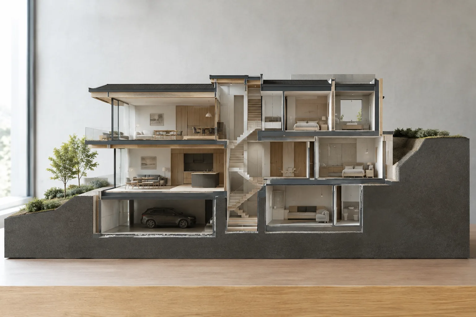 Ein modernes Architekturmodell, dessen Innenraum durch eine Schnittebene freigelegt ist