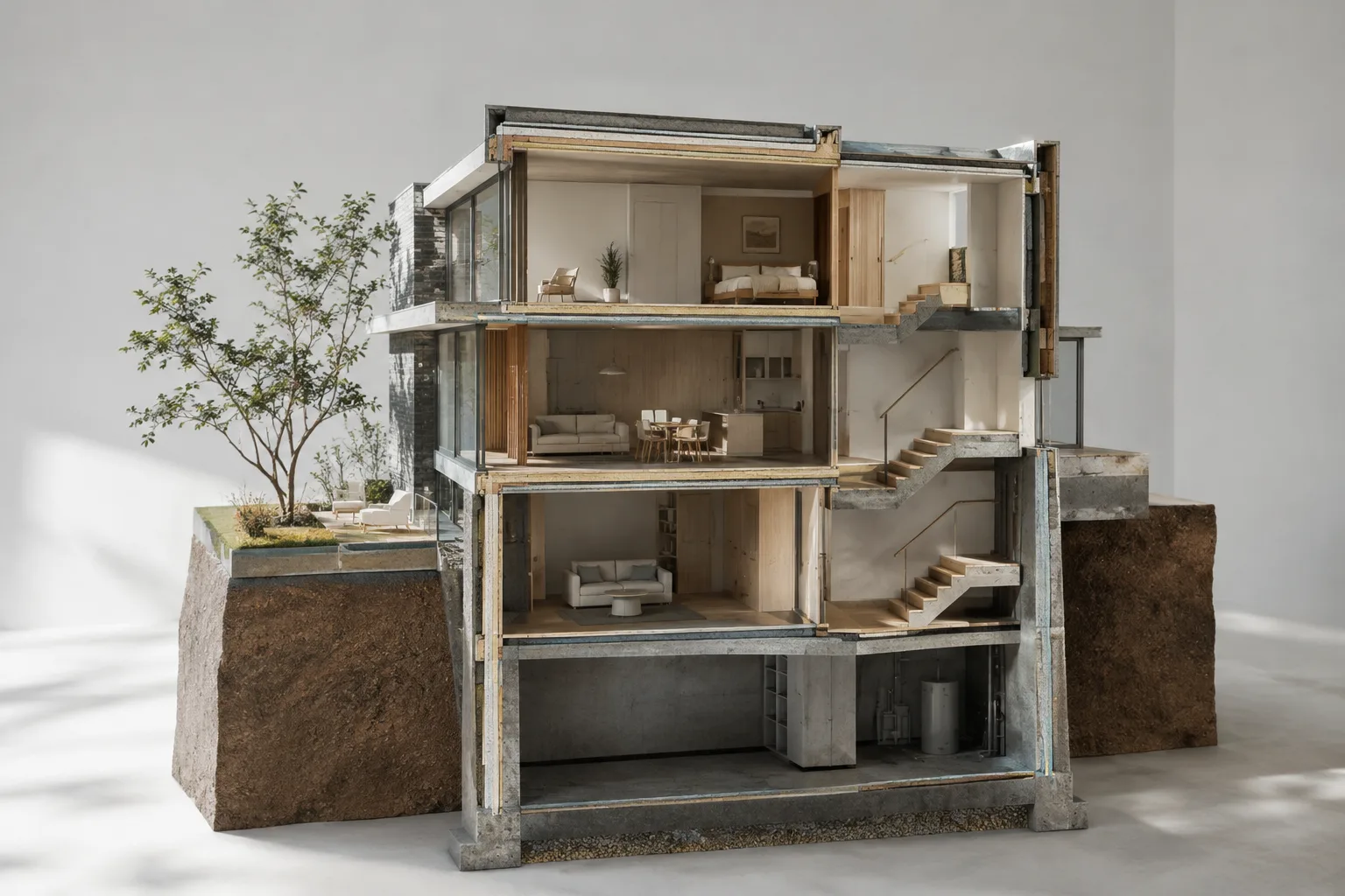 Contemporary architectural model with an interior revealed by a section plane