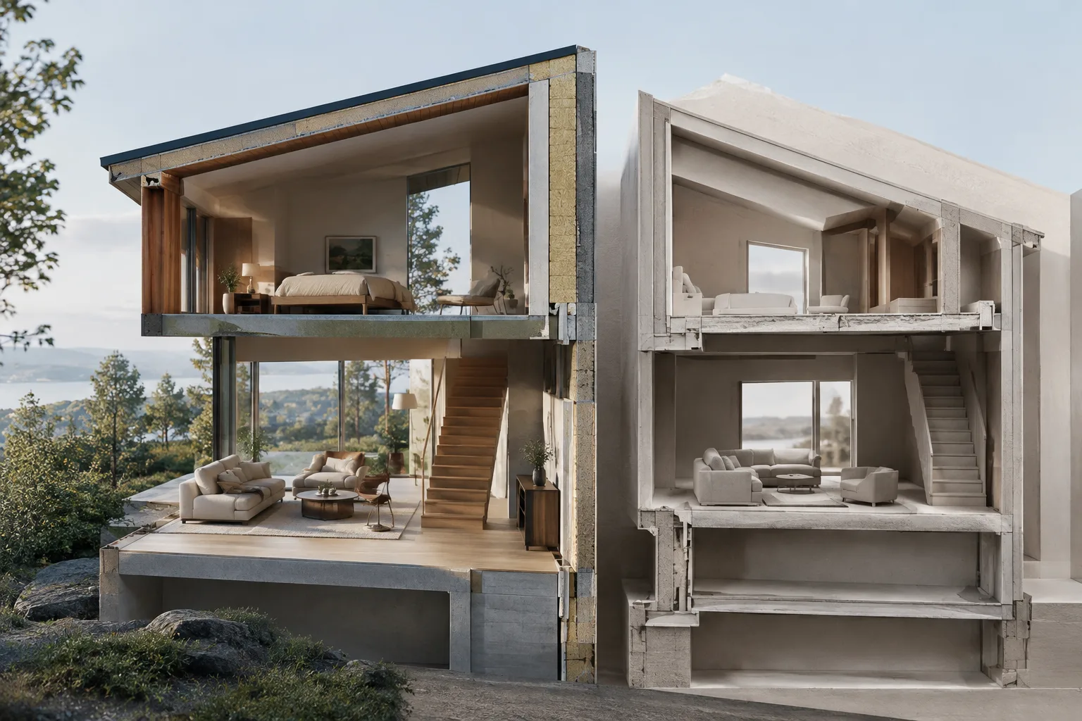 Visualisation architecturale d’un intérieur contemporain représenté avec un plan de coupe