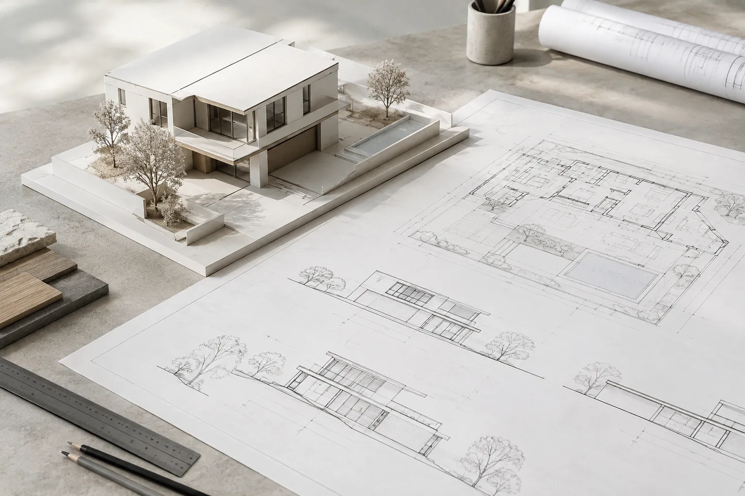 Ein schlichtes Designstudio mit einem Architekturmodell neben Grundriss- und Ansichtszeichnungen