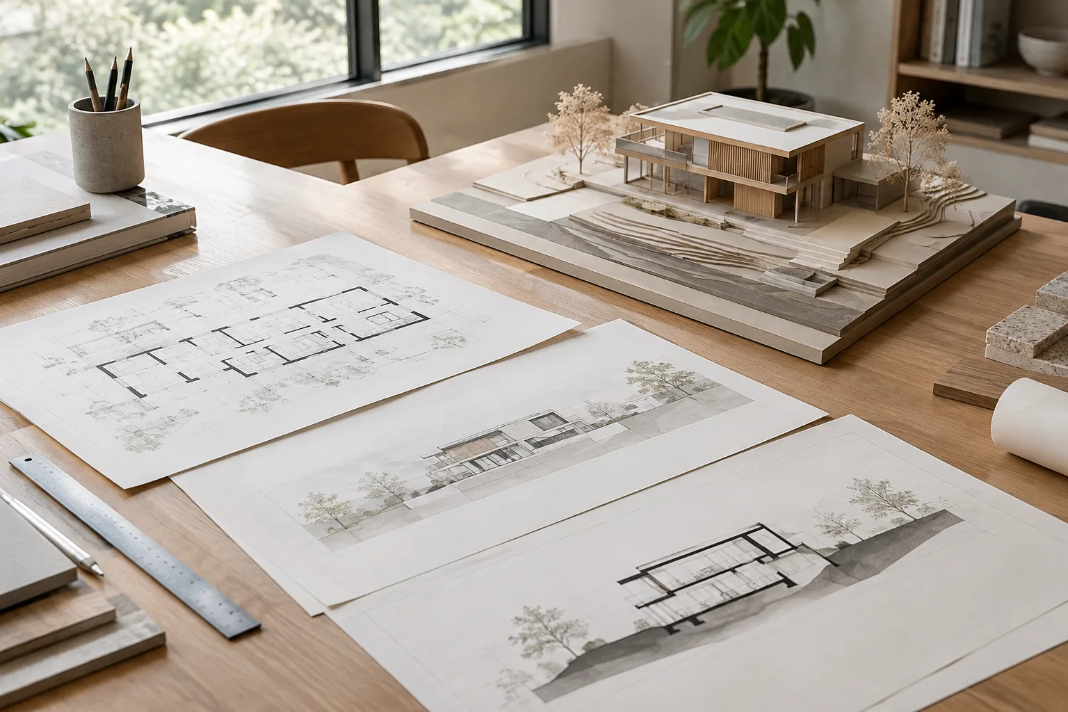 Architectural model and desk with plan, elevation, and section drawings