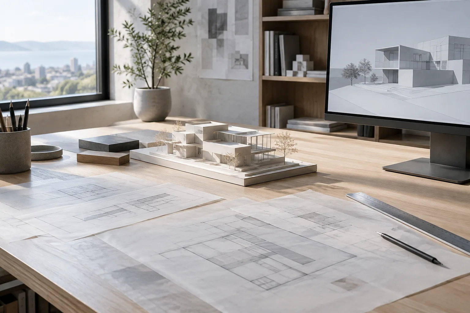 Planches de dessin orthographiques et bureau à côté d’une maquette d’architecture