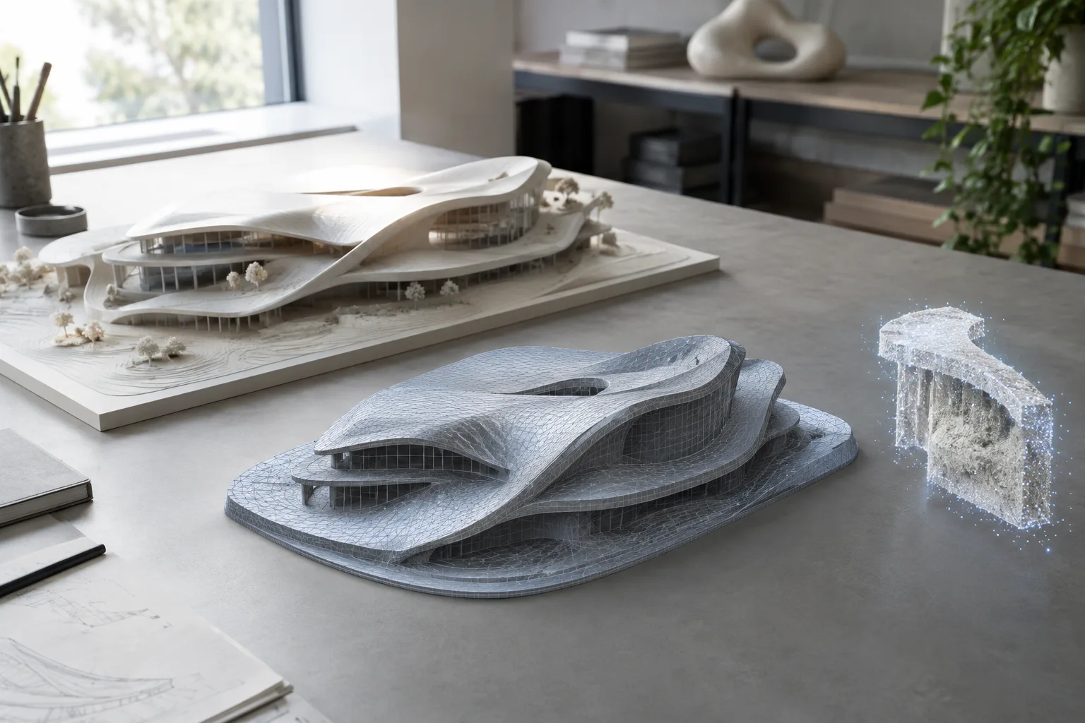 Architectural model evoking mesh conversion and scan data in Rhino