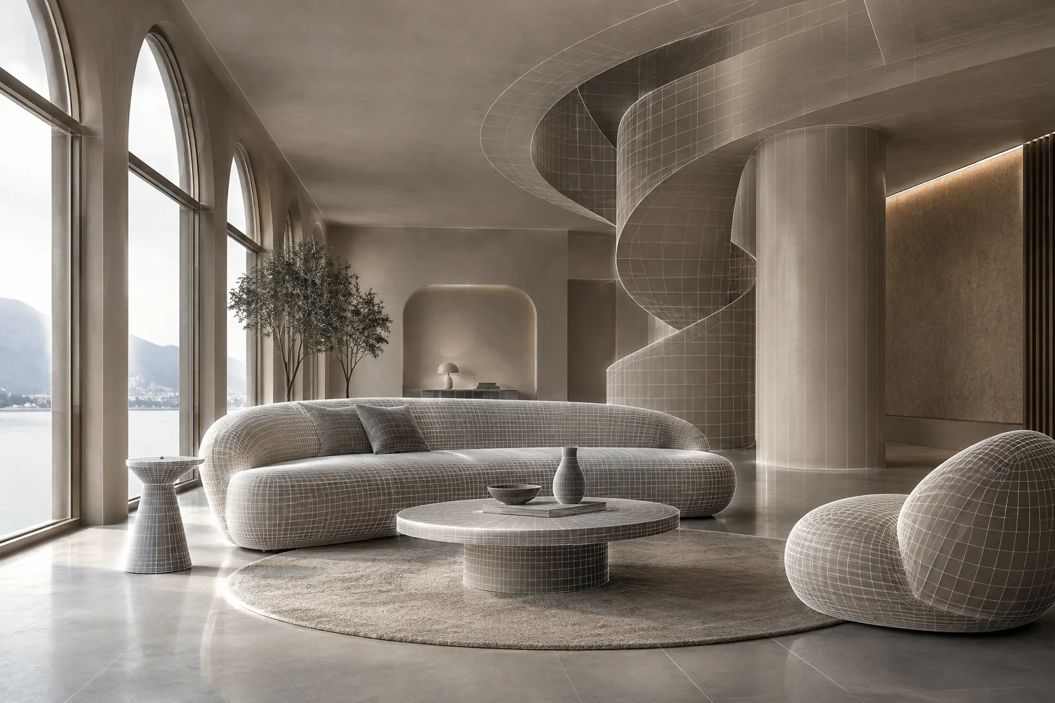 A regular polygon mesh wrapping an interior model under soft lighting