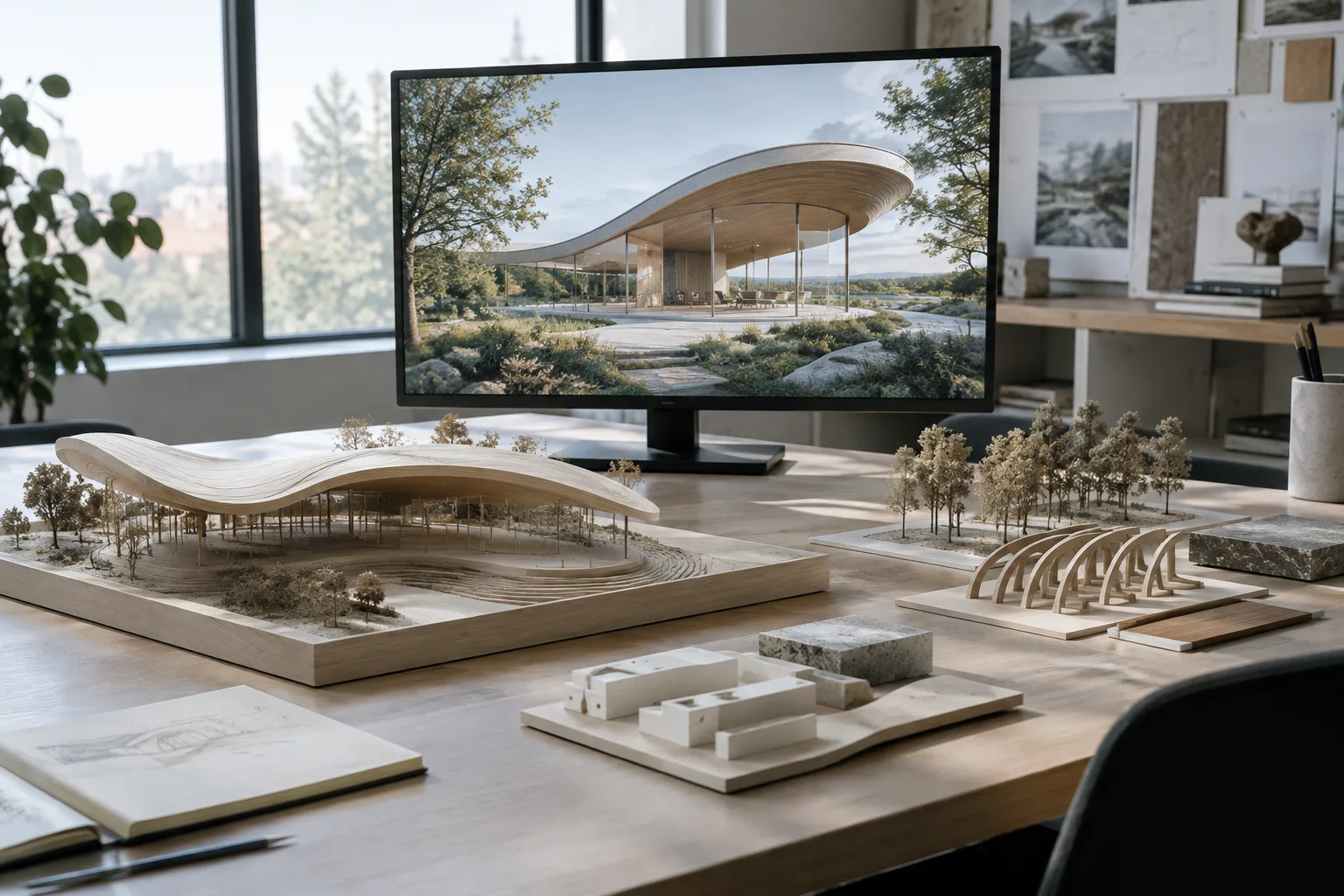 استوديو تصميم مضاء تُعزل فيه أجزاء نموذج معماري بعناية