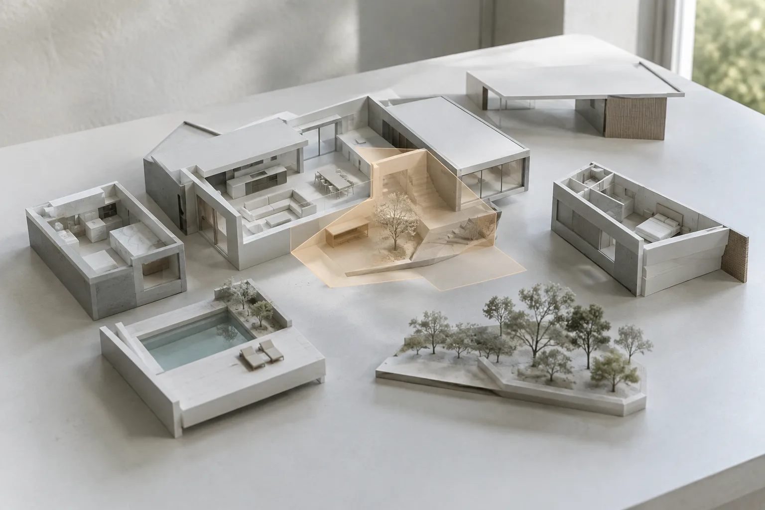 Studio visualization of a contemporary interior architectural model with selection groups separated