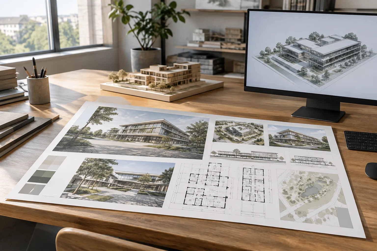 Modèle architectural et planche imprimée composée de vues organisées sur une table de travail