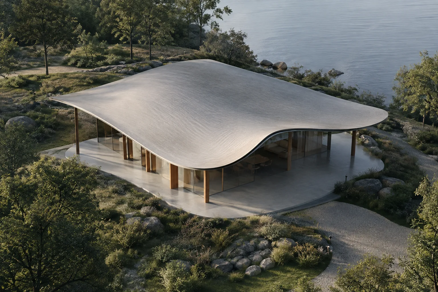 Visualization of a contemporary pavilion with a curved roof surface set in a landscaped environment