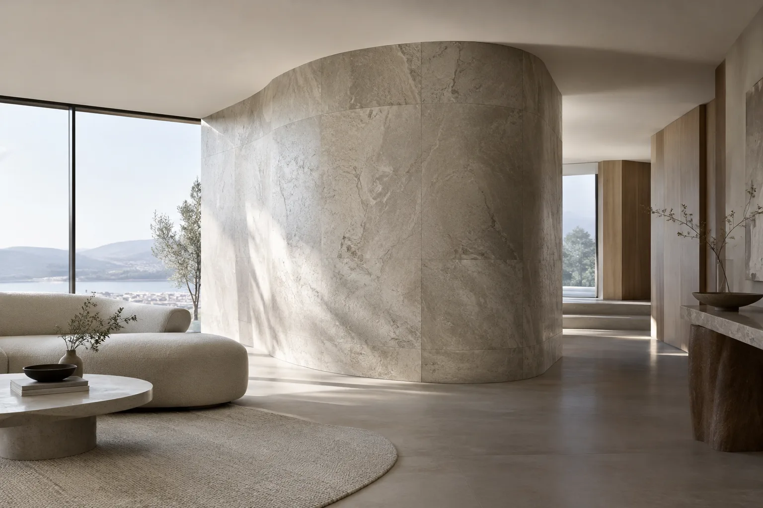 Visualización de un interior contemporáneo con una textura de piedra natural en una superficie de pared curva
