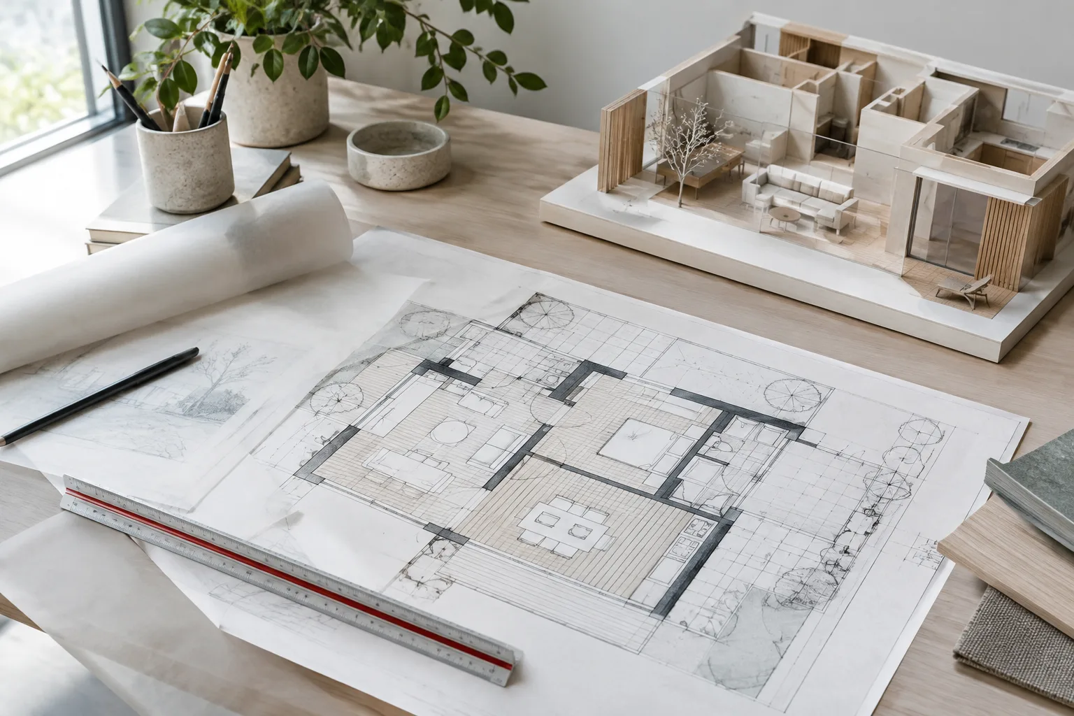 Geometrik tarama desenleri içeren mimari plan ve sade bir iç mekân maketi