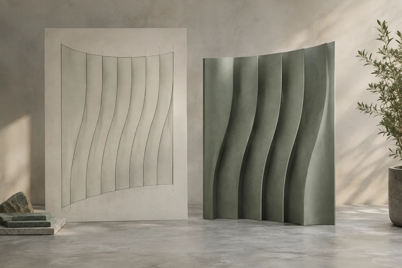 Comparison of a curved architectural panel’s flat pattern and 3D form