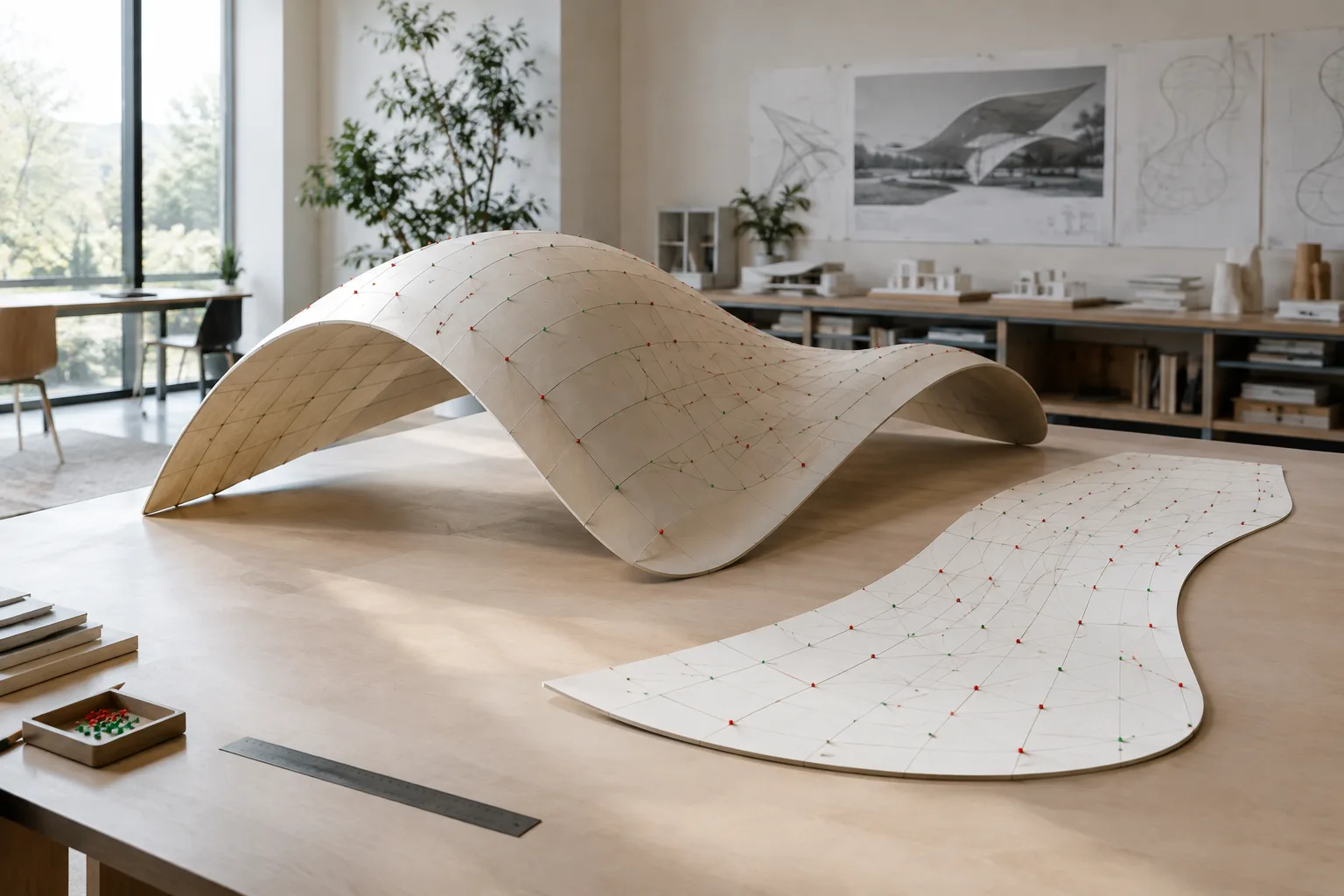 A flattened pattern marked with deformation points beside a double-curved architectural surface