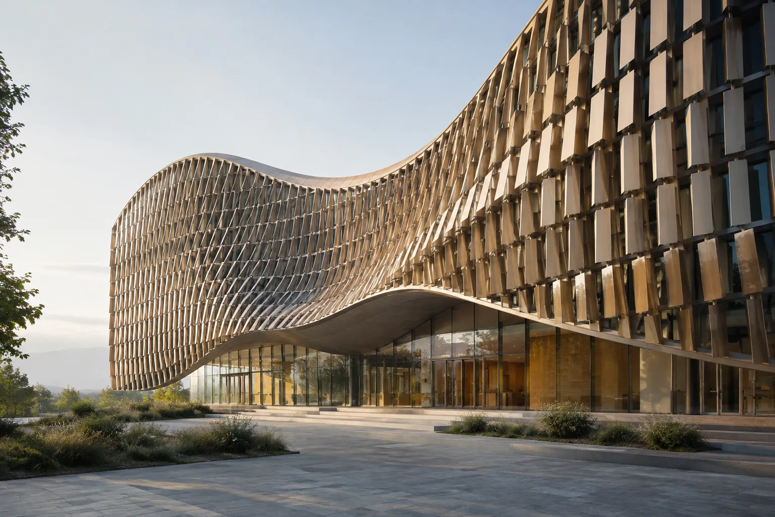 مبنى معاصر بواجهة معيارية مزدوجة الانحناء يمثّل التصميم البارامتري ضمن BIM