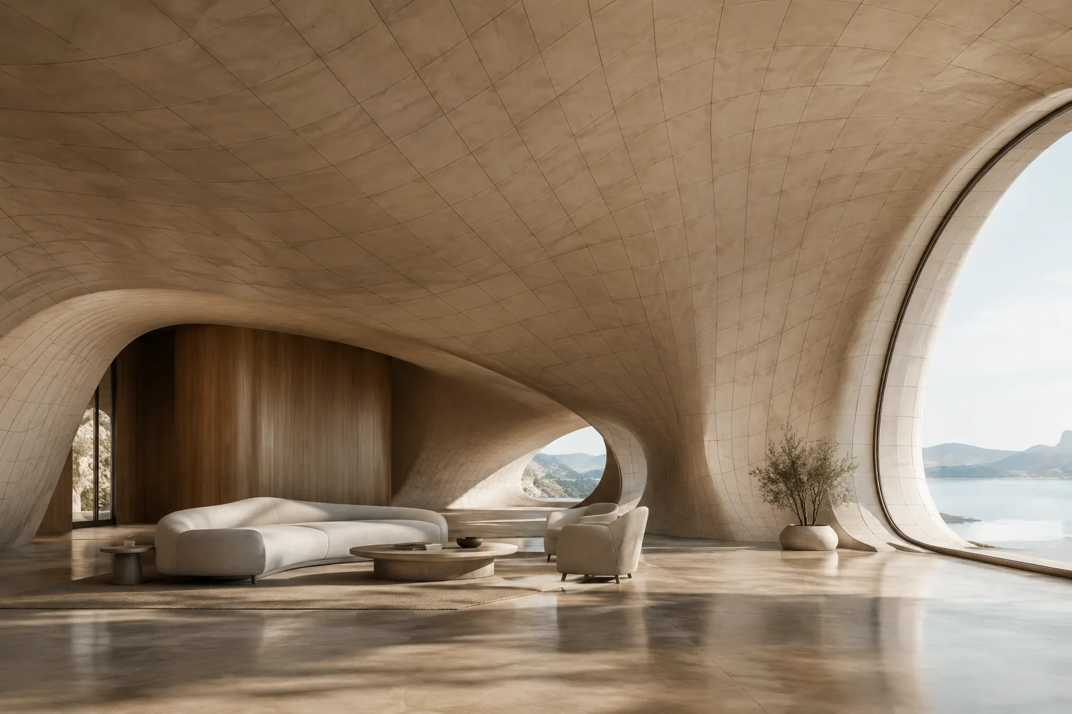 Architekturvisualisierung mit gleichmäßiger Oberflächengeometrie an einer geschwungenen Innenraumform