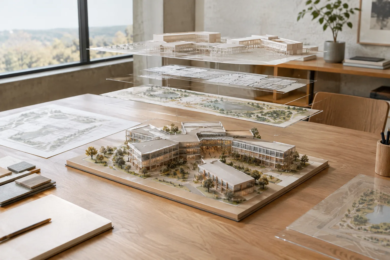 Architectural project model organized into separate sections and reference layers