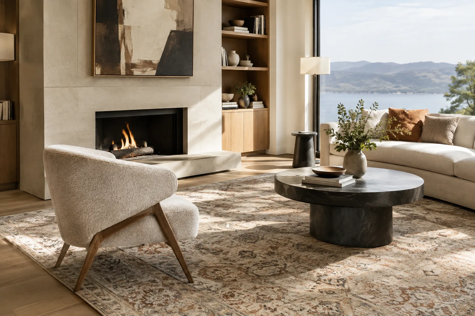Image d'intérieur montrant un agencement de meubles et de tapis dans un salon moderne à lumière naturelle