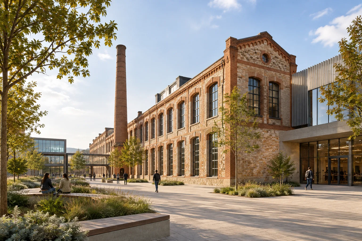 Sabadell’deki eski tekstil fabrikasının çağdaş sivil kampüs olarak yeniden kullanımı