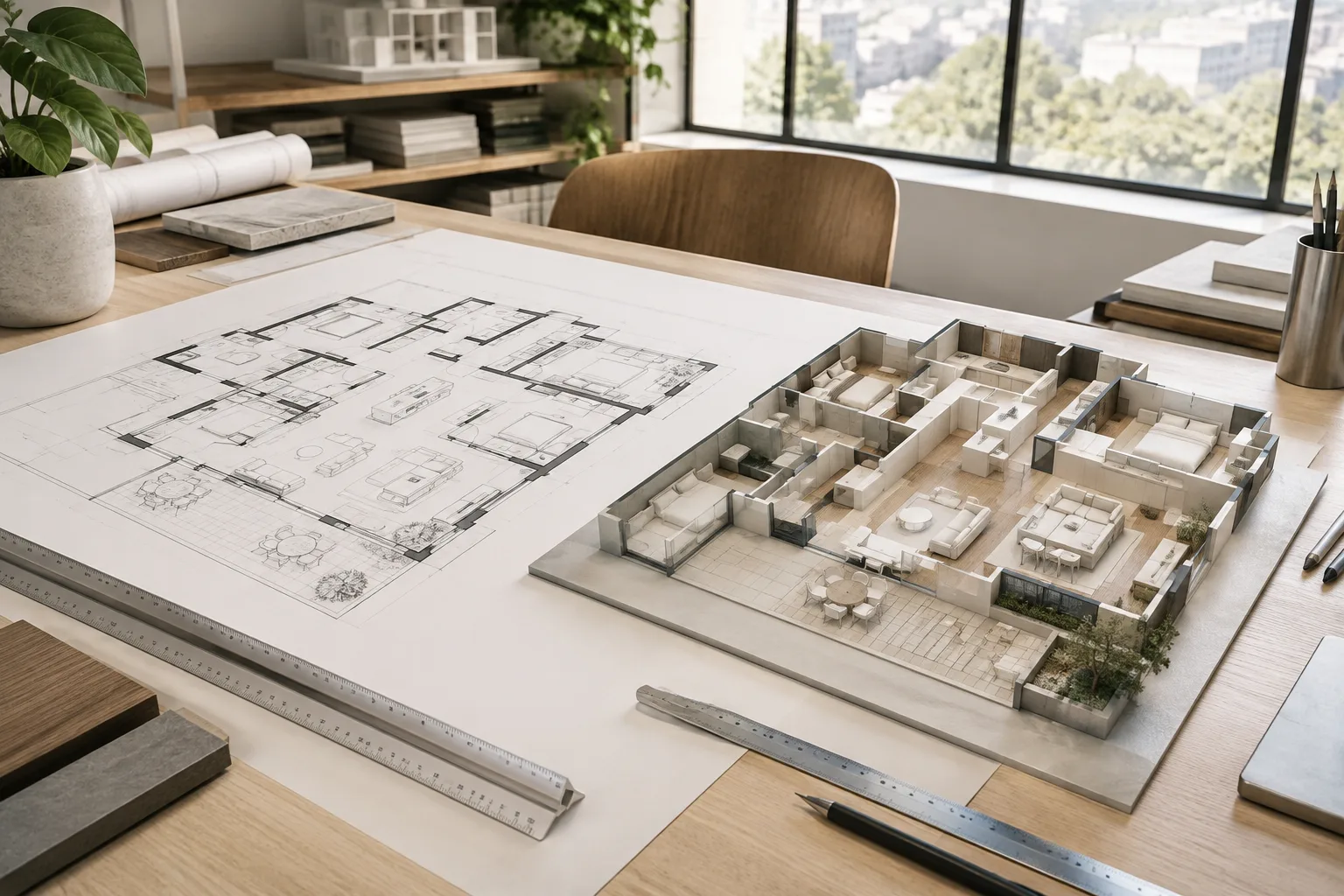 Mimari plan çiziminden sade iç mekân modeline geçiş gösteren çalışma masası