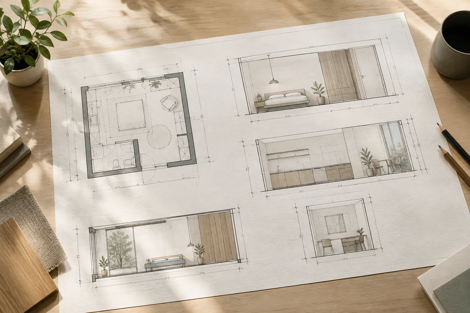 An architectural presentation sheet with a floor plan, dimension lines, and different line styles