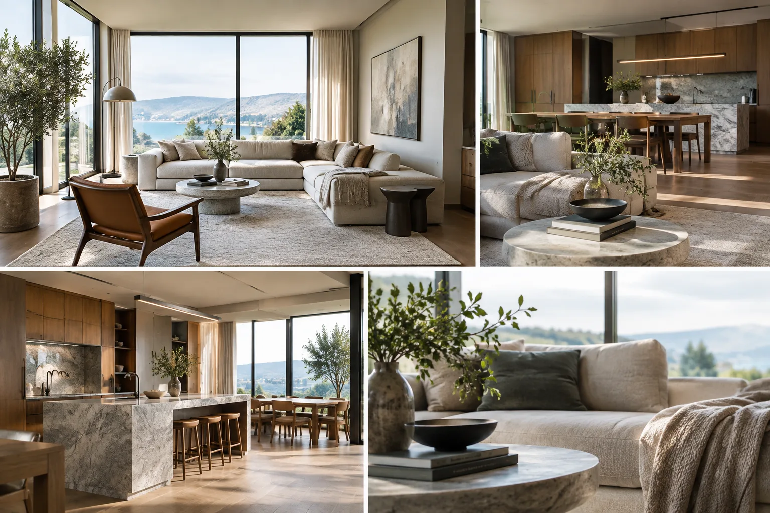 Visualización arquitectónica de un interior contemporáneo presentado desde distintos ángulos de cámara