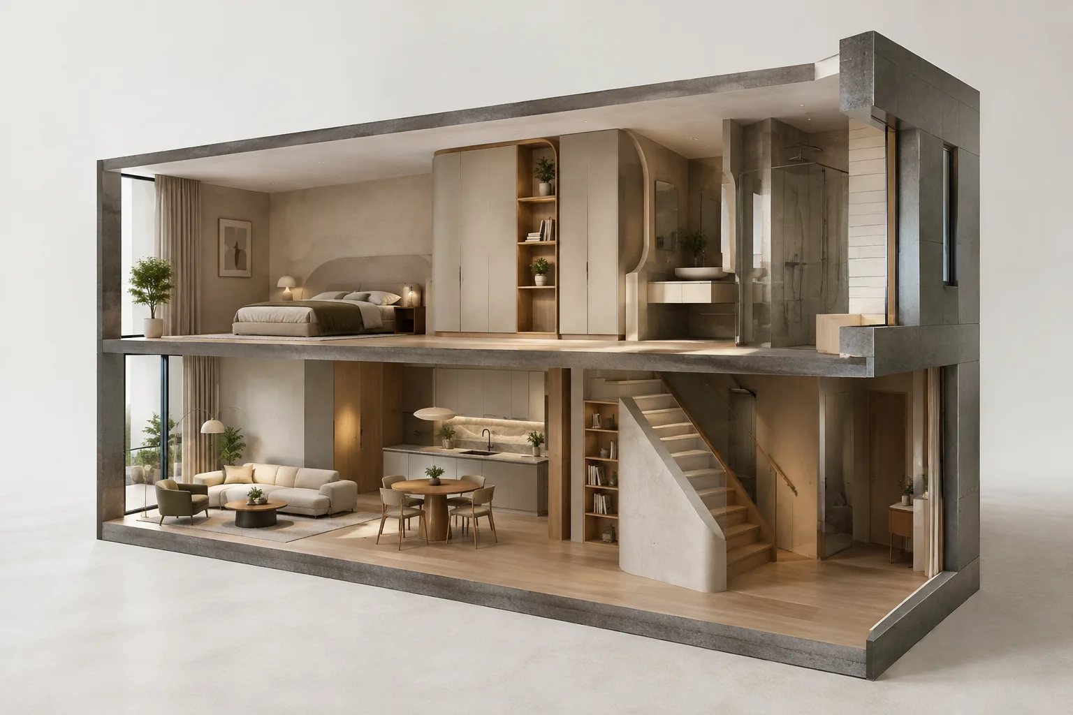 A contemporary architectural model with an interior and its details revealed in section view