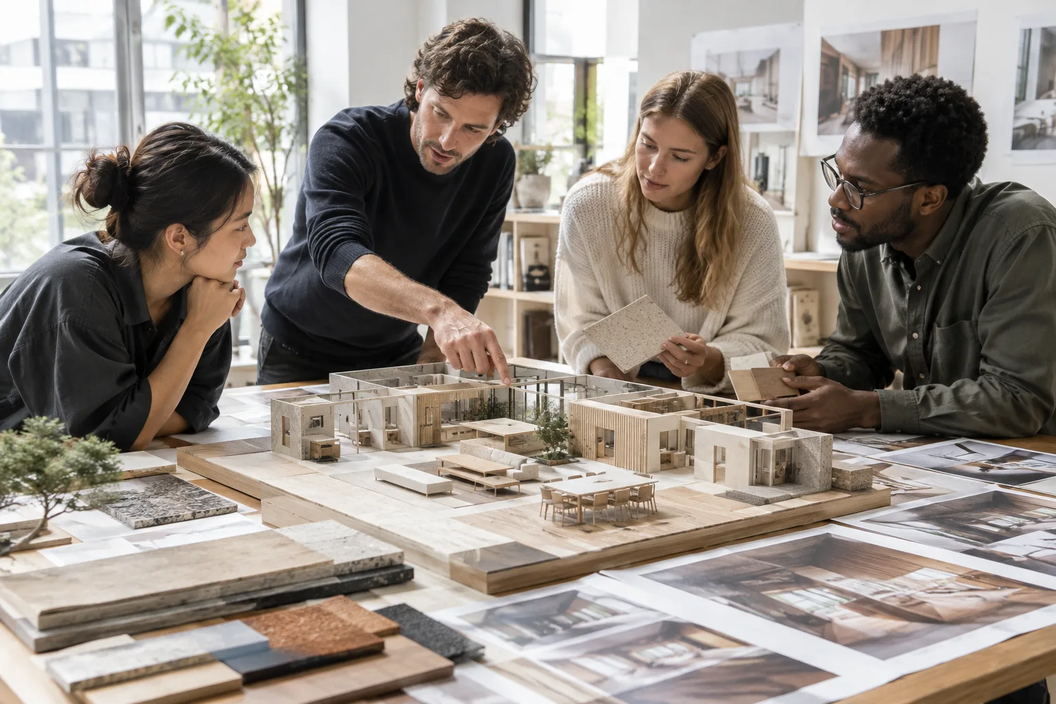 Un equipo de arquitectura revisa un diseño en colaboración con una maqueta de interior y muestras de materiales