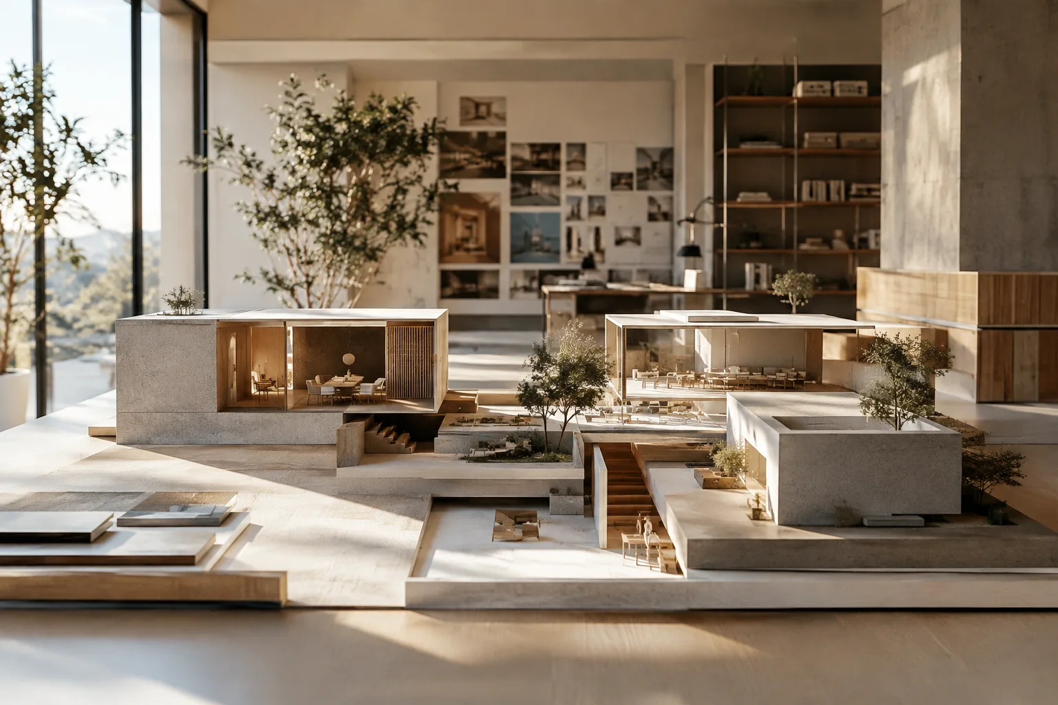 Layered contemporary interior visualization representing different views of an architectural model