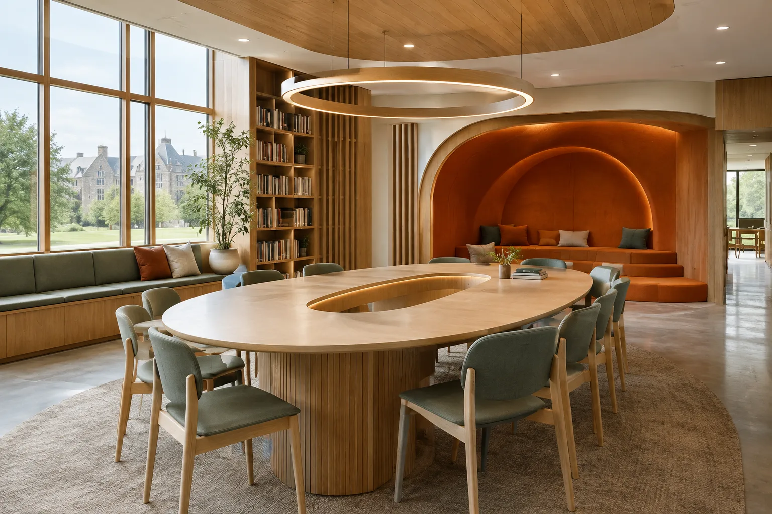 Espacio de aprendizaje contemporáneo en una escuela, con mesa ovalada y nicho naranja