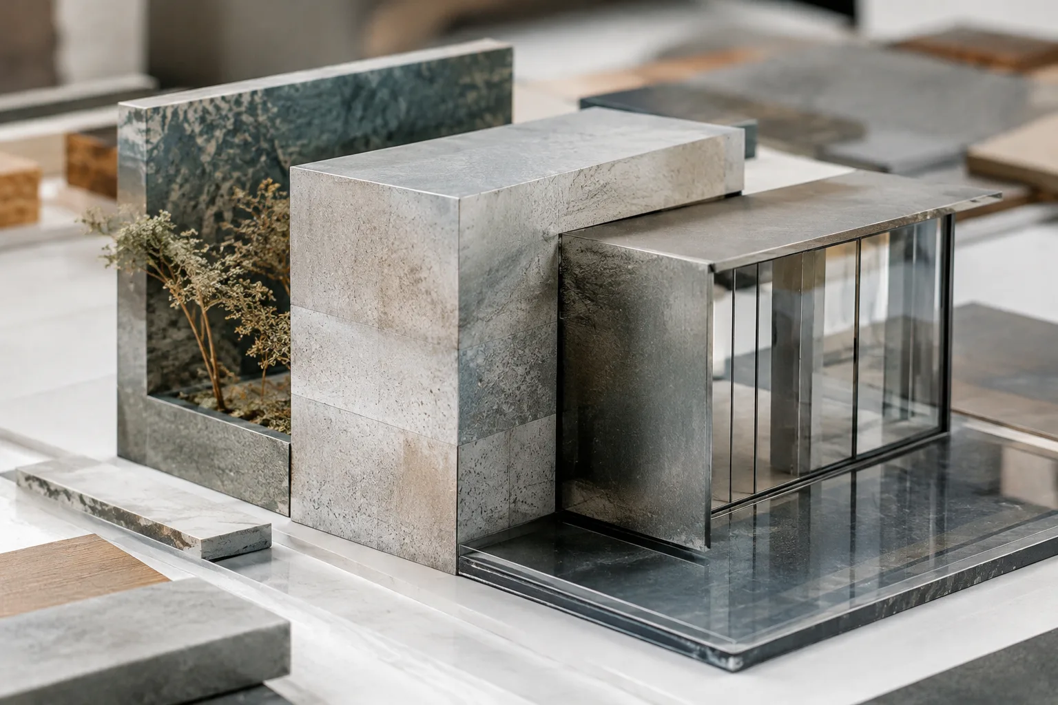 Examen des textures du béton, du verre et des surfaces émaillées d’une maquette architecturale