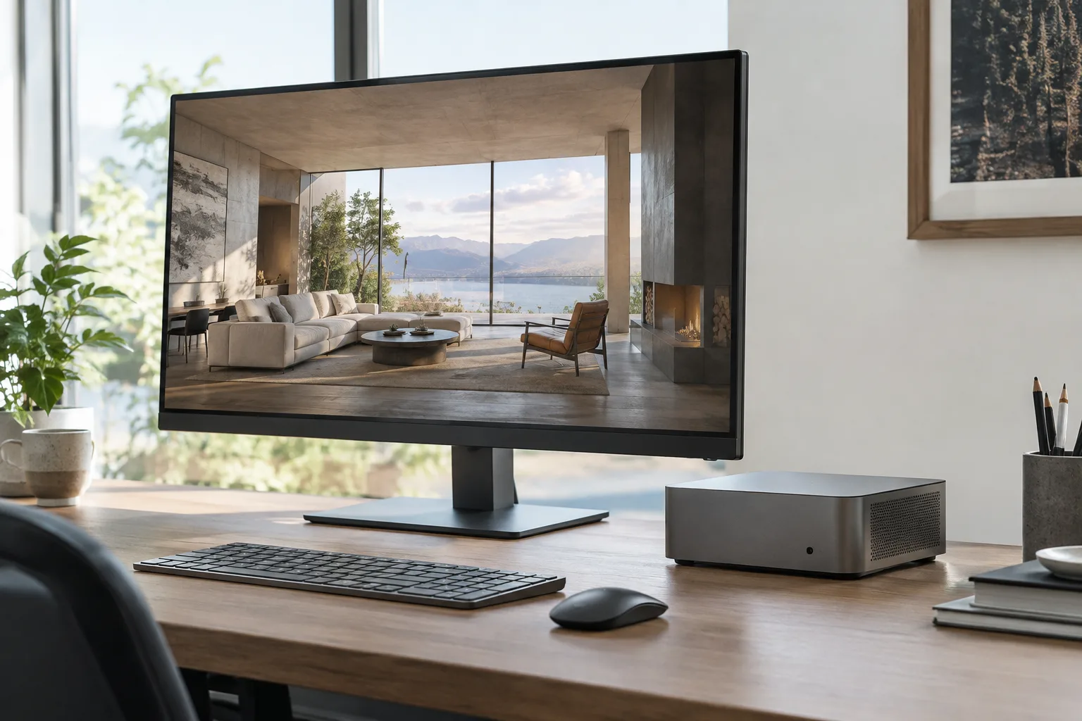 Kompakte Mini-Workstation auf einem Schreibtisch neben einer Architektur-Innenraumvisualisierung
