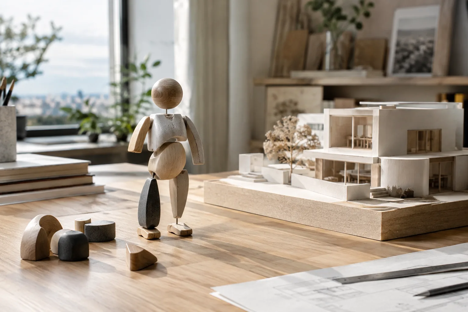 Ayrı bileşenlerden oluşan 3D figür ve mimari maket çalışma masasında