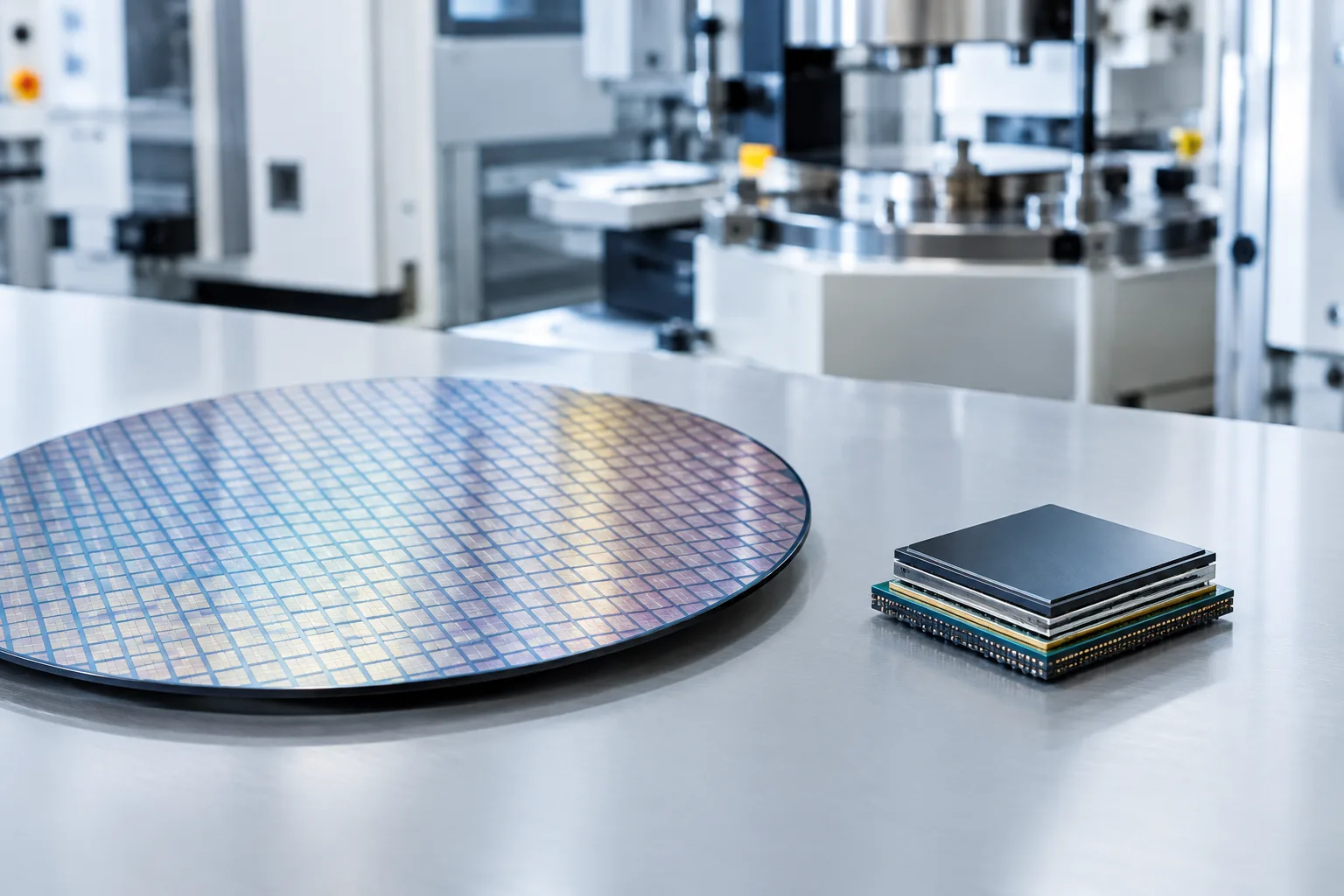 Scène de fabrication de semi-conducteurs avec une plaquette de silicium et un boîtier de puce multicouche