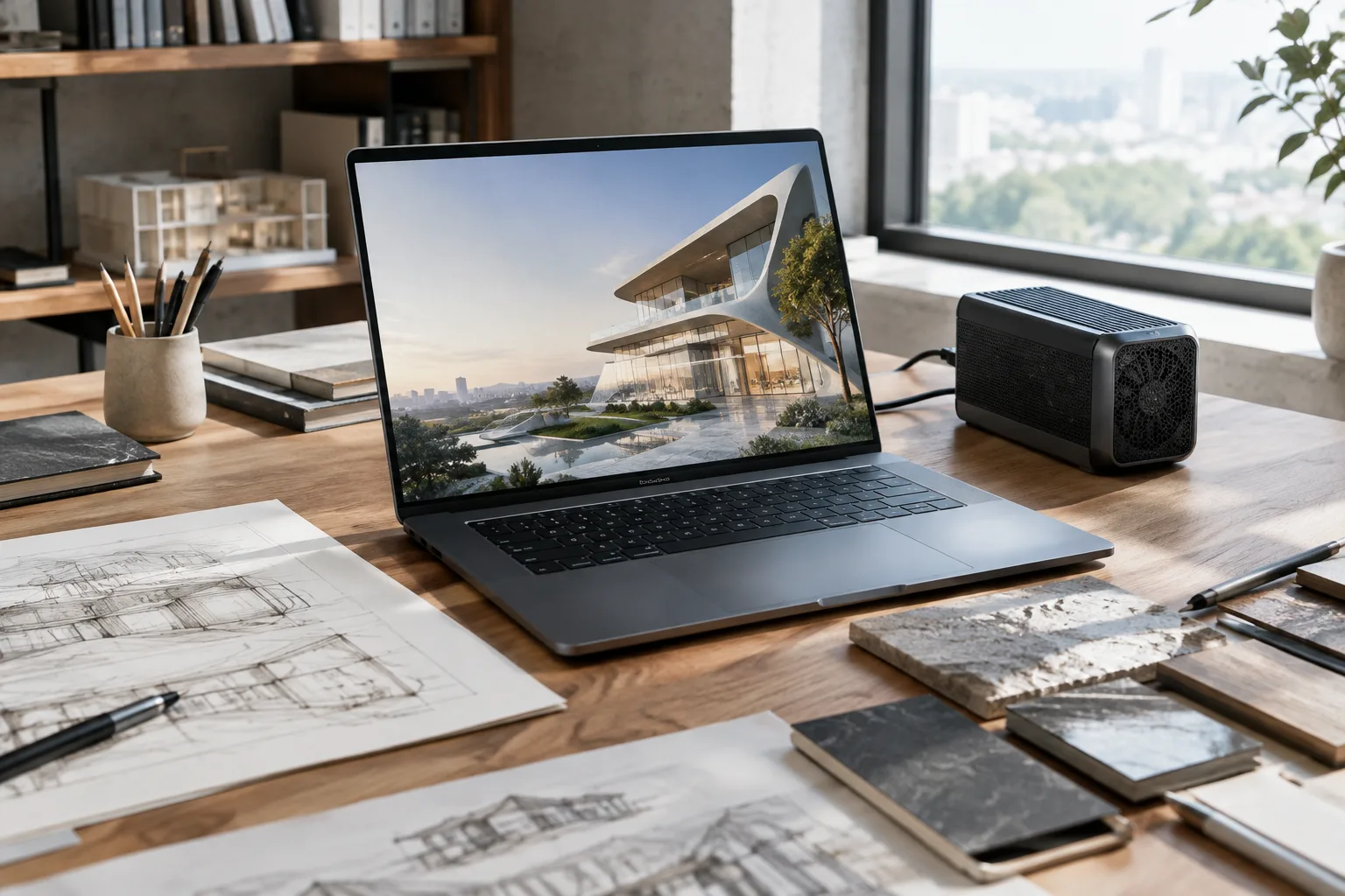 Dans un studio d’architecture, un ordinateur portable puissant à côté de son unité de refroidissement externe
