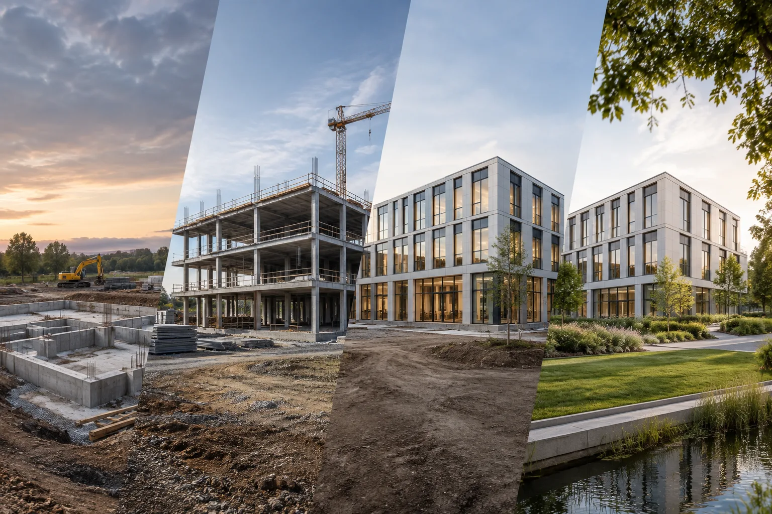 Visualisation architecturale montrant différentes étapes de construction d’un bâtiment