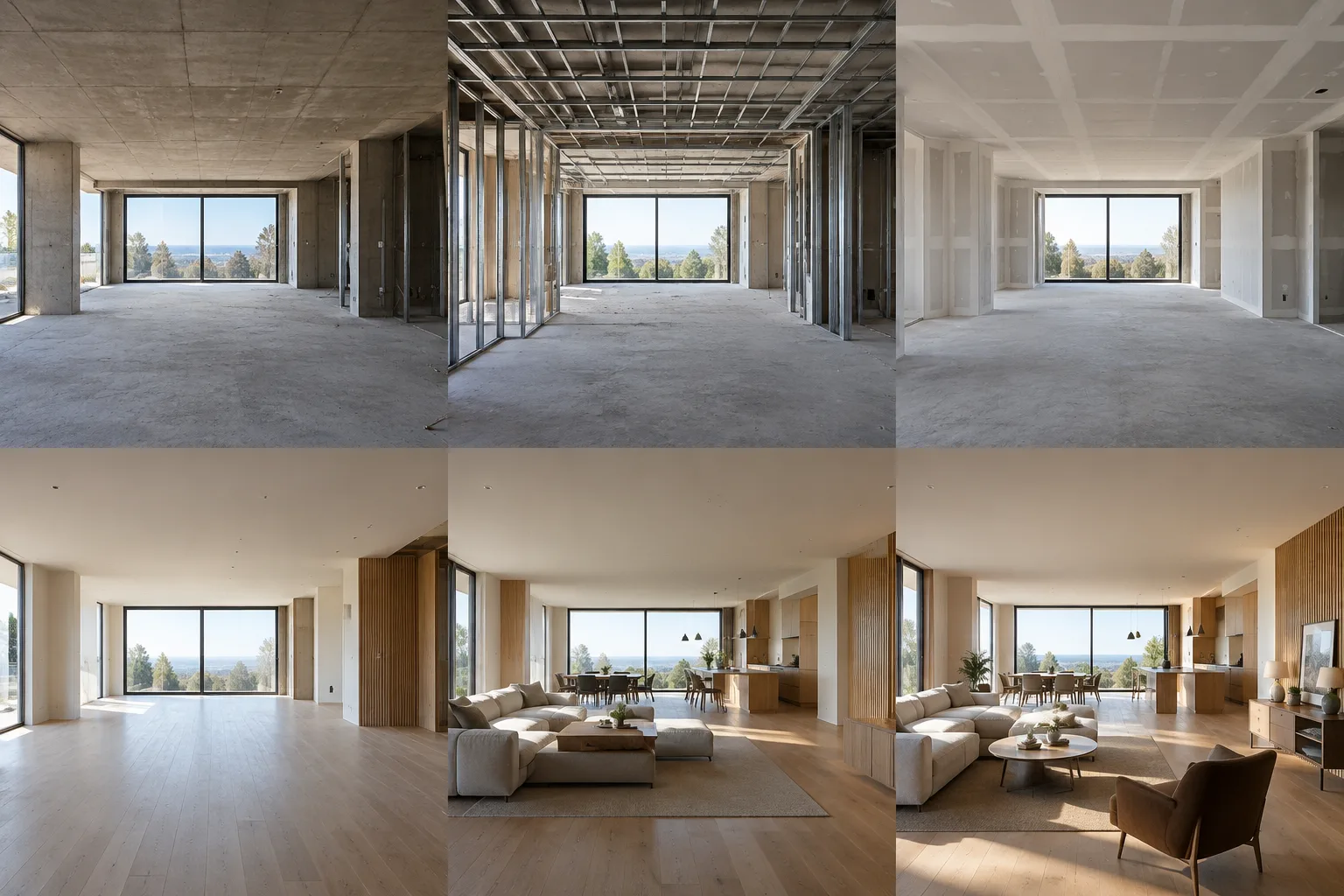 A contemporary interior shown with construction progress and different lighting conditions