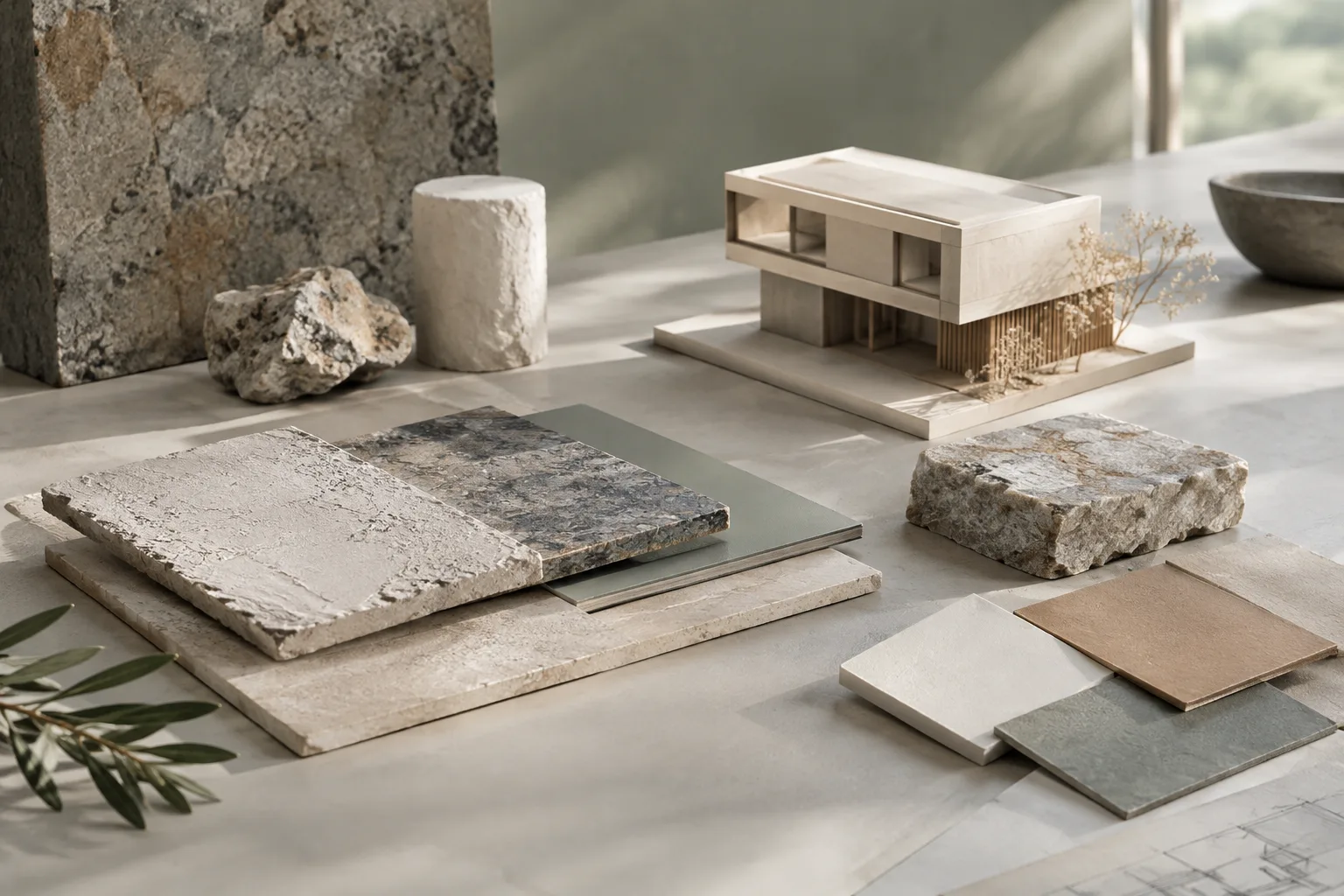 Mesa de trabajo con muestras de texturas y un pequeño modelo arquitectónico