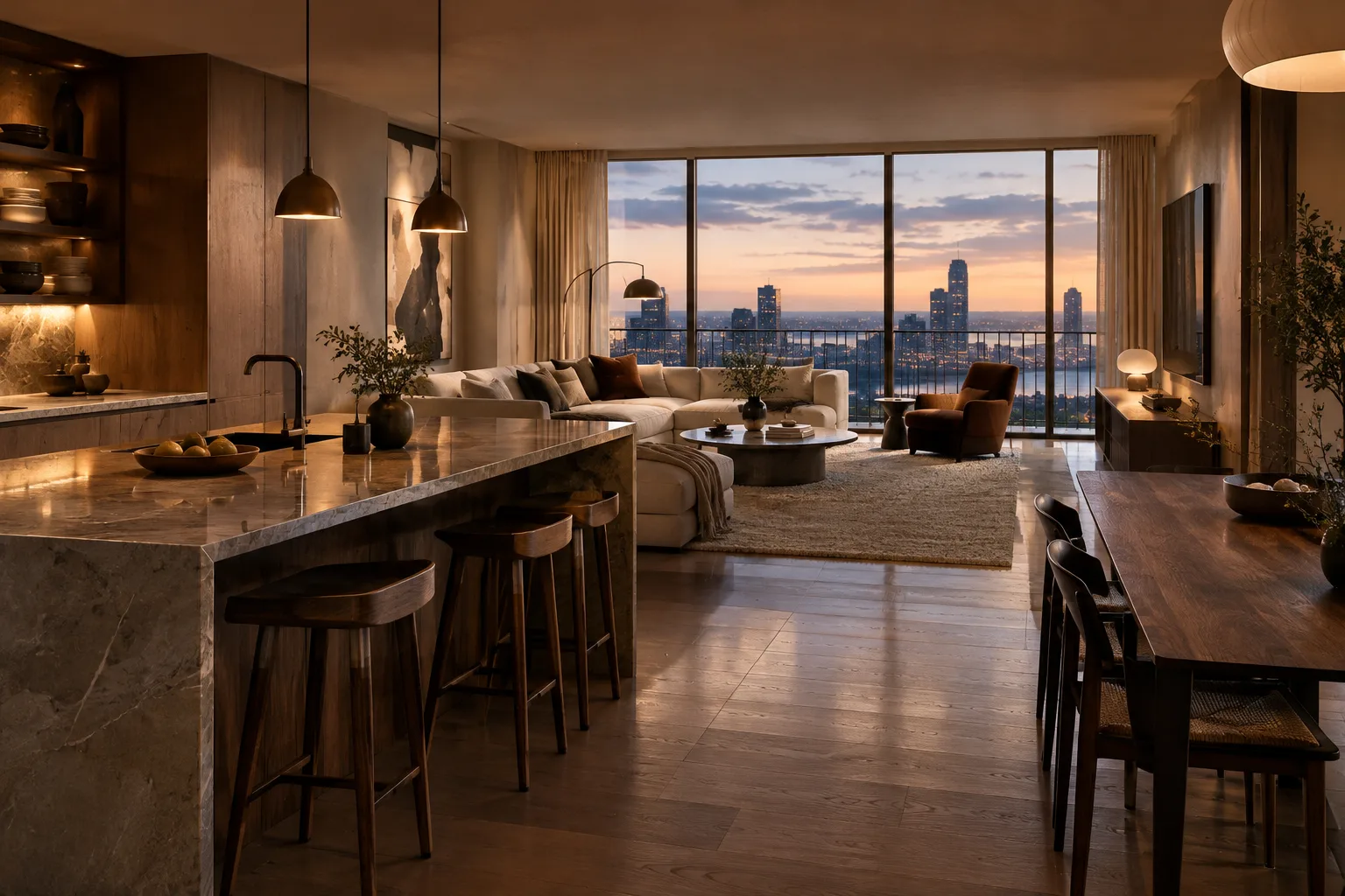 Modernes Apartment-Interieur mit indirektem Licht und Reflexionen