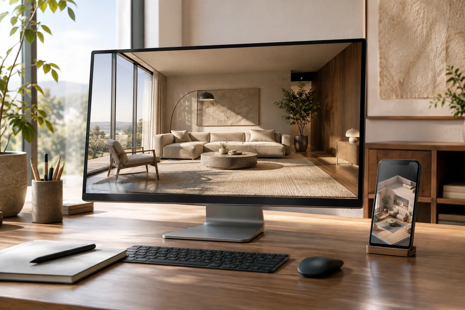 Architekturvisualisierung eines Innenraums am Desktop und ein daneben liegendes Smartphone